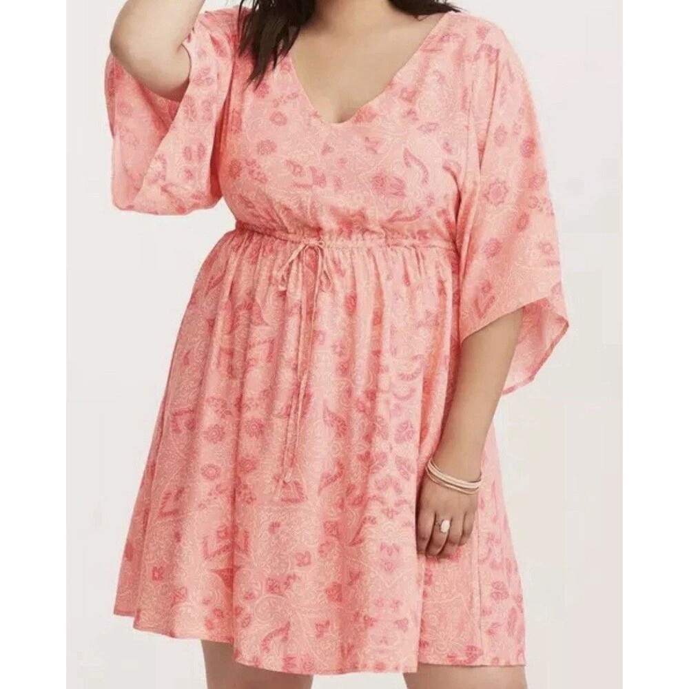 Torrid Plus Size 2 Coral Floral Challis Lattice Bell Sleeve Dress Rayon